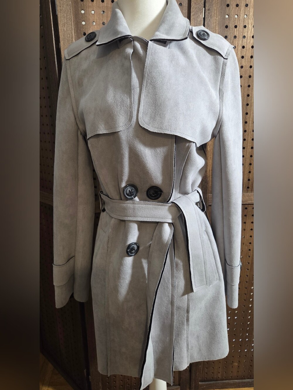 Evie Charcoal Faux Suede Double - Breasted Trench Coat